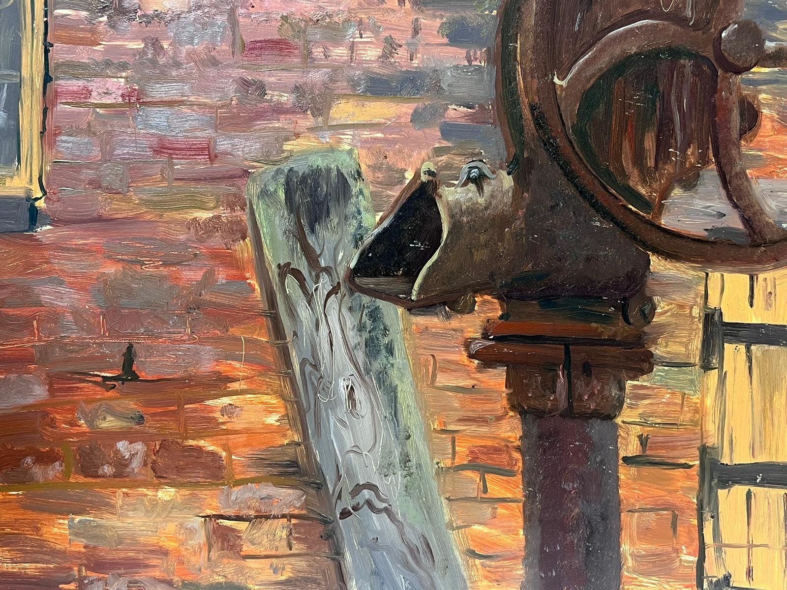 Old Rusty Water Sluice Gates Wheel and Brick Building British 20thC Oil  - Impressionist Painting by Helen Greenfield