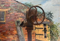 Vieille vanne rouillée, roue et bâtiment en brique Huile britannique du 20e siècle 