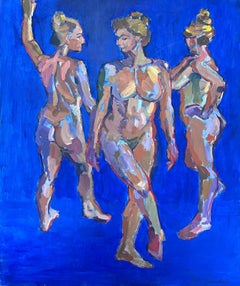 Three Nude Ladies Large British Modernist Contemporary Oil Painting