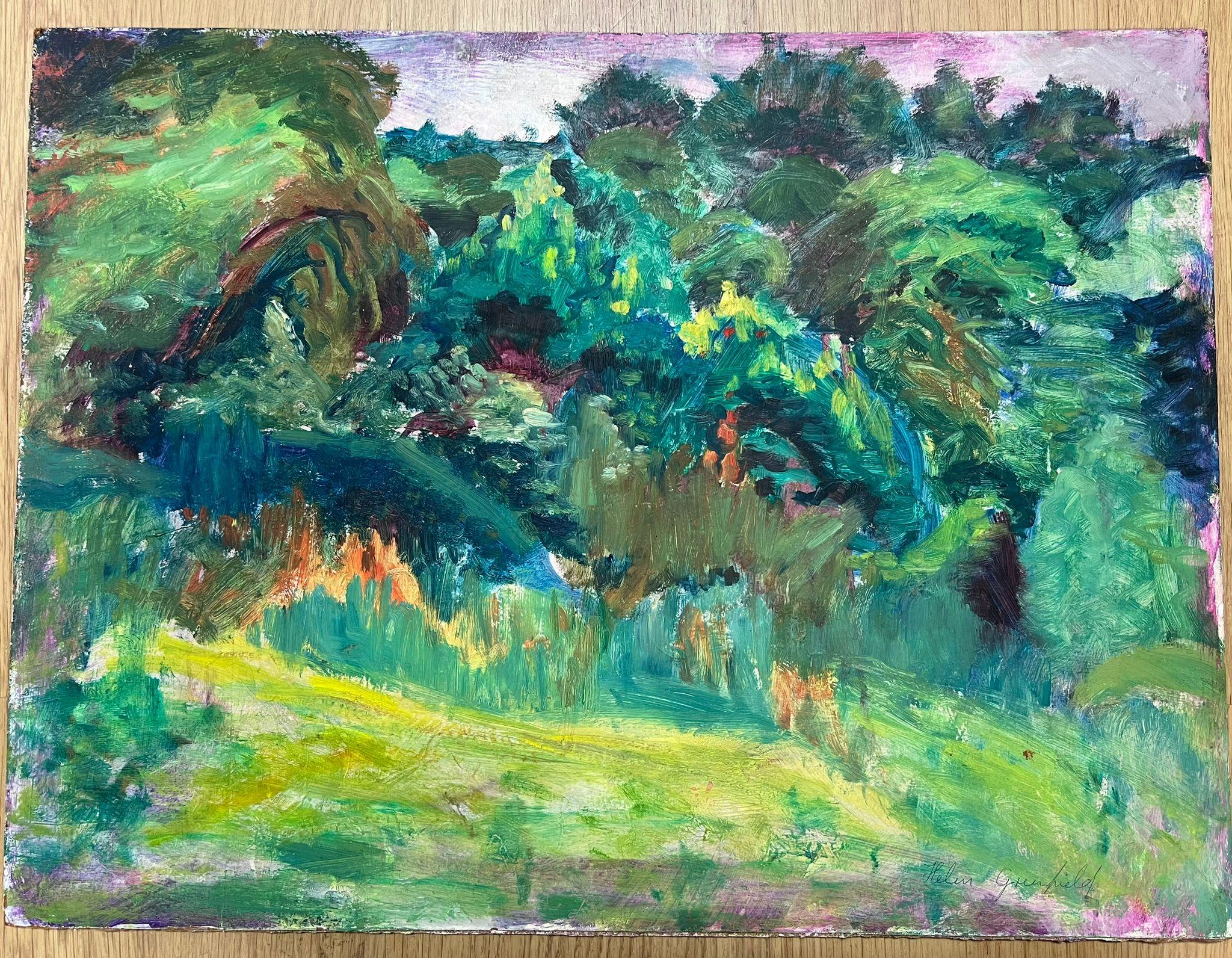 Vibrante paisaje impresionista de exuberante vegetación y pradera - Painting de Helen Greenfield