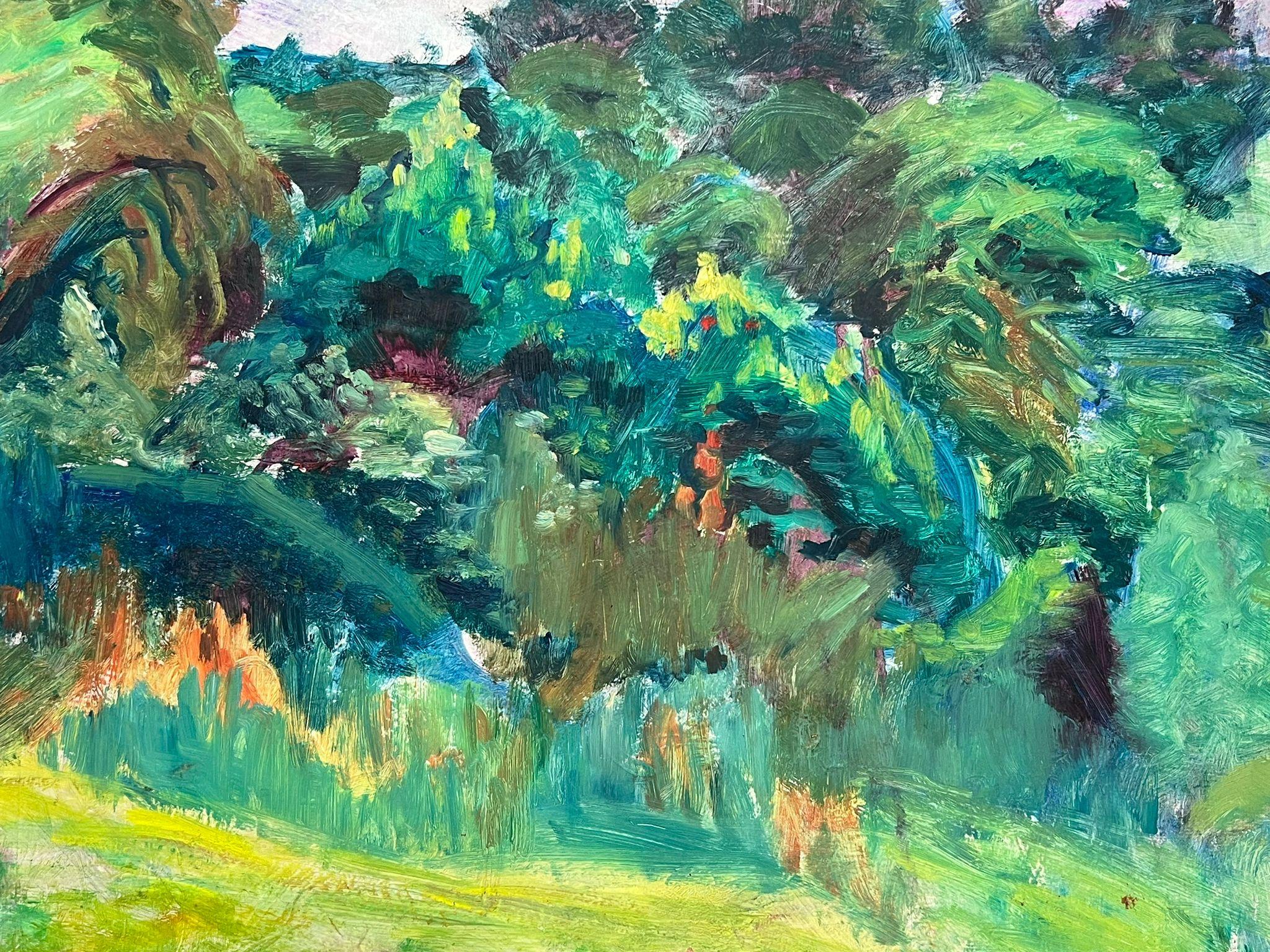 Vibrante paisaje impresionista de exuberante vegetación y pradera - Painting Impresionista de Helen Greenfield