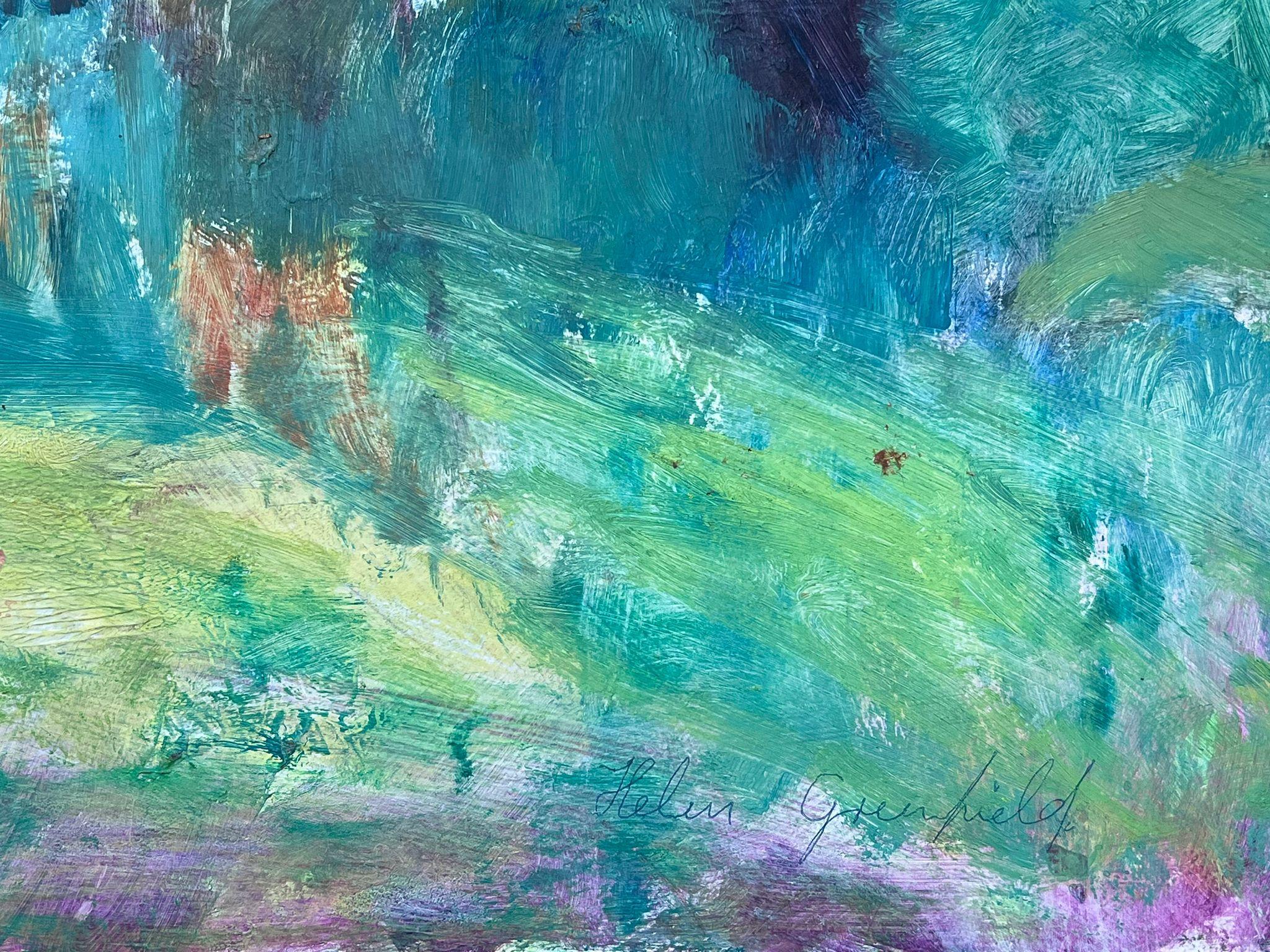 Vibrante paisaje impresionista de exuberante vegetación y pradera - Landscape Painting Azul de Helen Greenfield