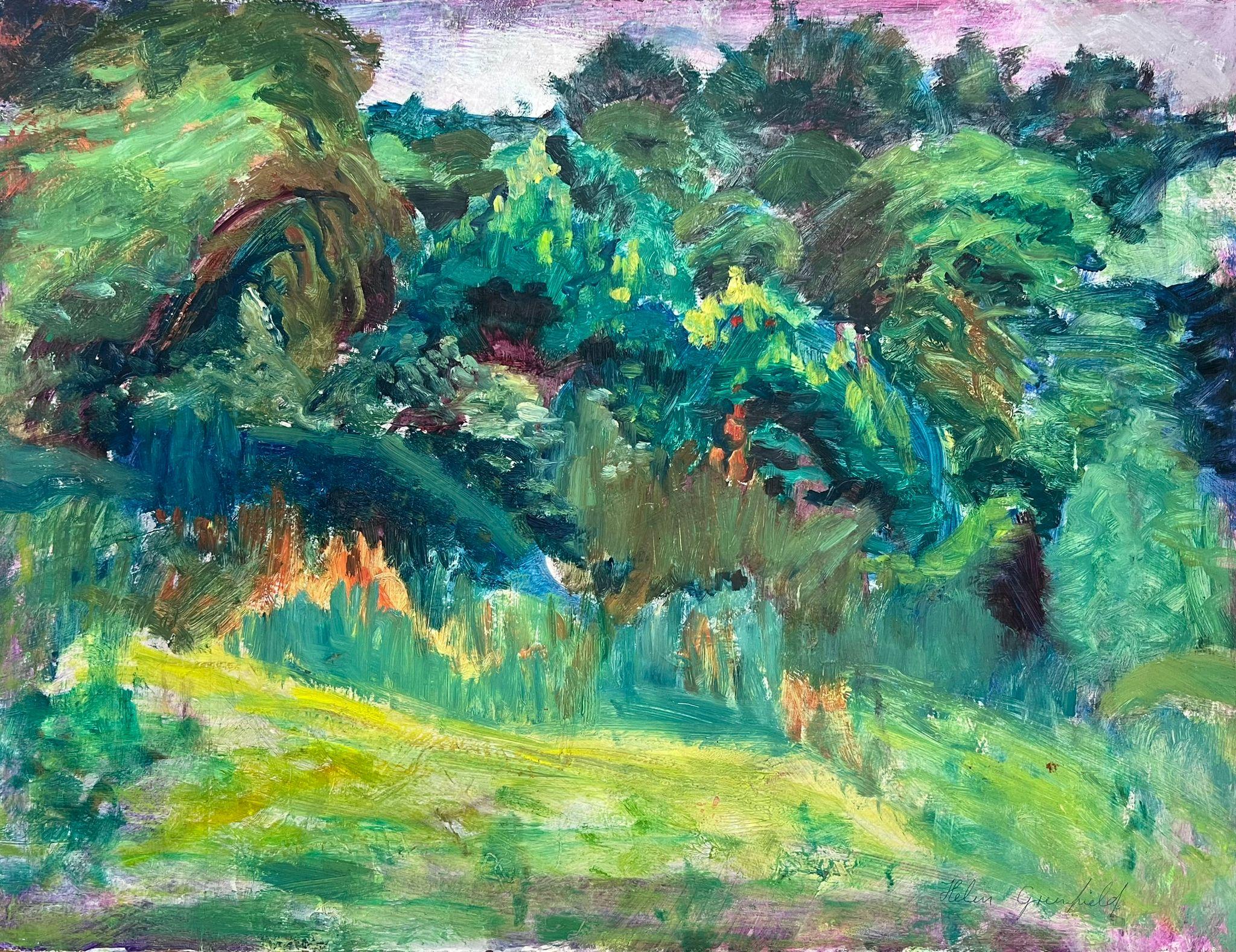 Landscape Painting de Helen Greenfield - Vibrante paisaje impresionista de exuberante vegetación y pradera