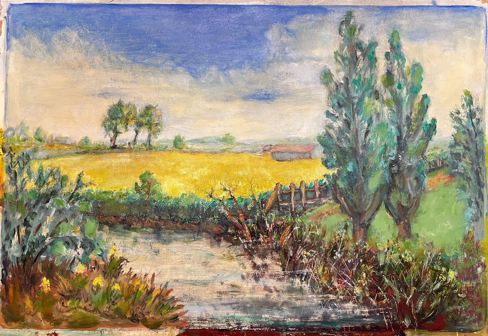 Vibrant Mid-Century Pastoral Landscape with Yellow Fields, Trees and River - Painting by Helen Greenfield