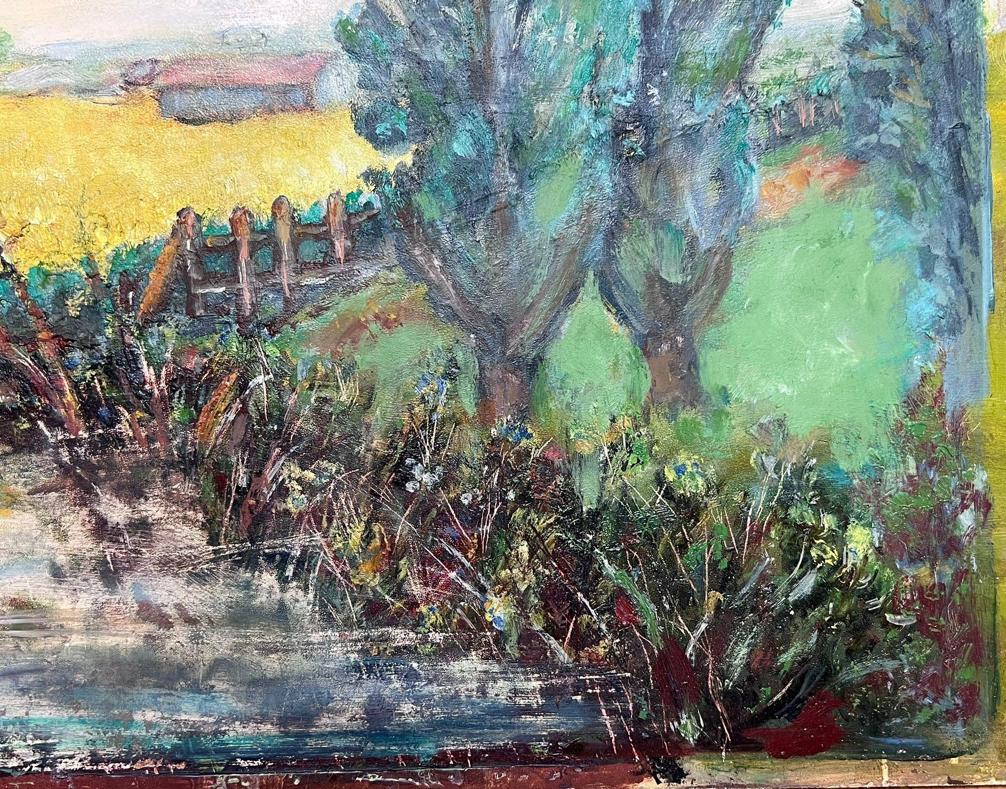 Vibrant Mid-Century Pastoral Landscape with Yellow Fields, Trees and River - Impressionist Painting by Helen Greenfield