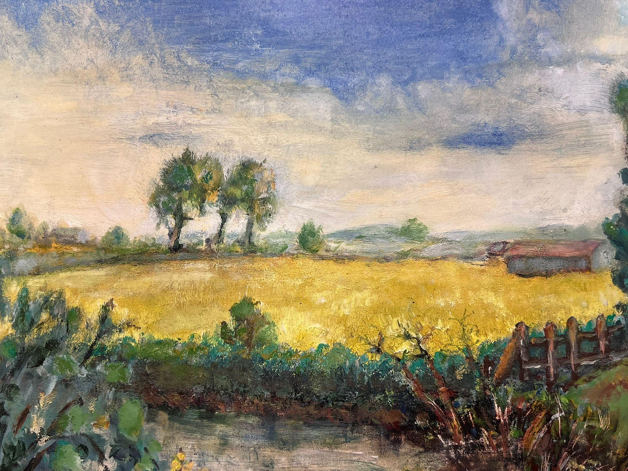Vibrant Landscape 
by Helen Greenfield (British 20th century)
oil painting on board, unframed
board: 13 x 19 inches
condition: overall very good
provenance: all the paintings we have by this artist have come from their studio sale in England

Helen