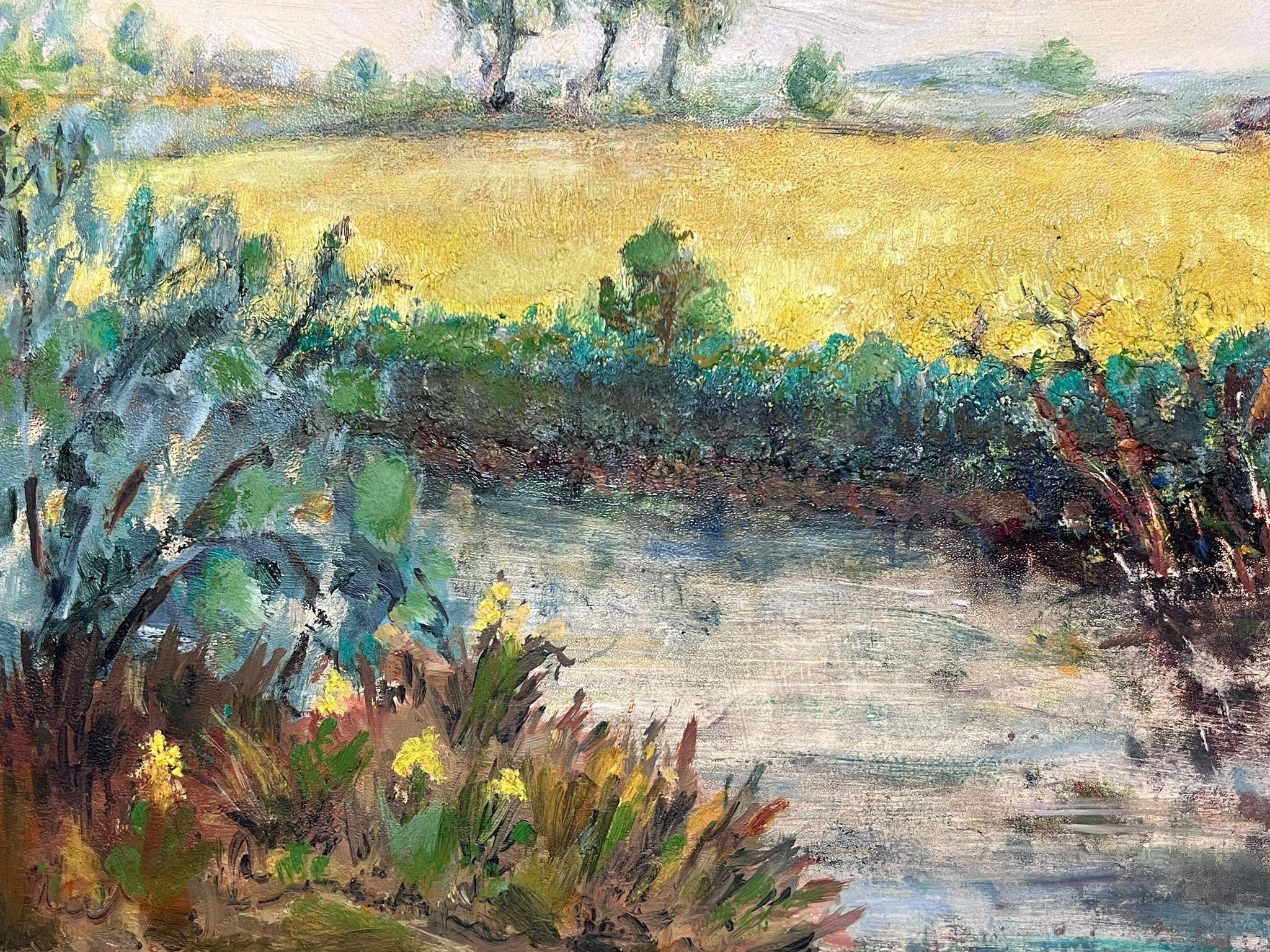 Vibrant Mid-Century Pastoral Landscape with Yellow Fields, Trees and River For Sale 1