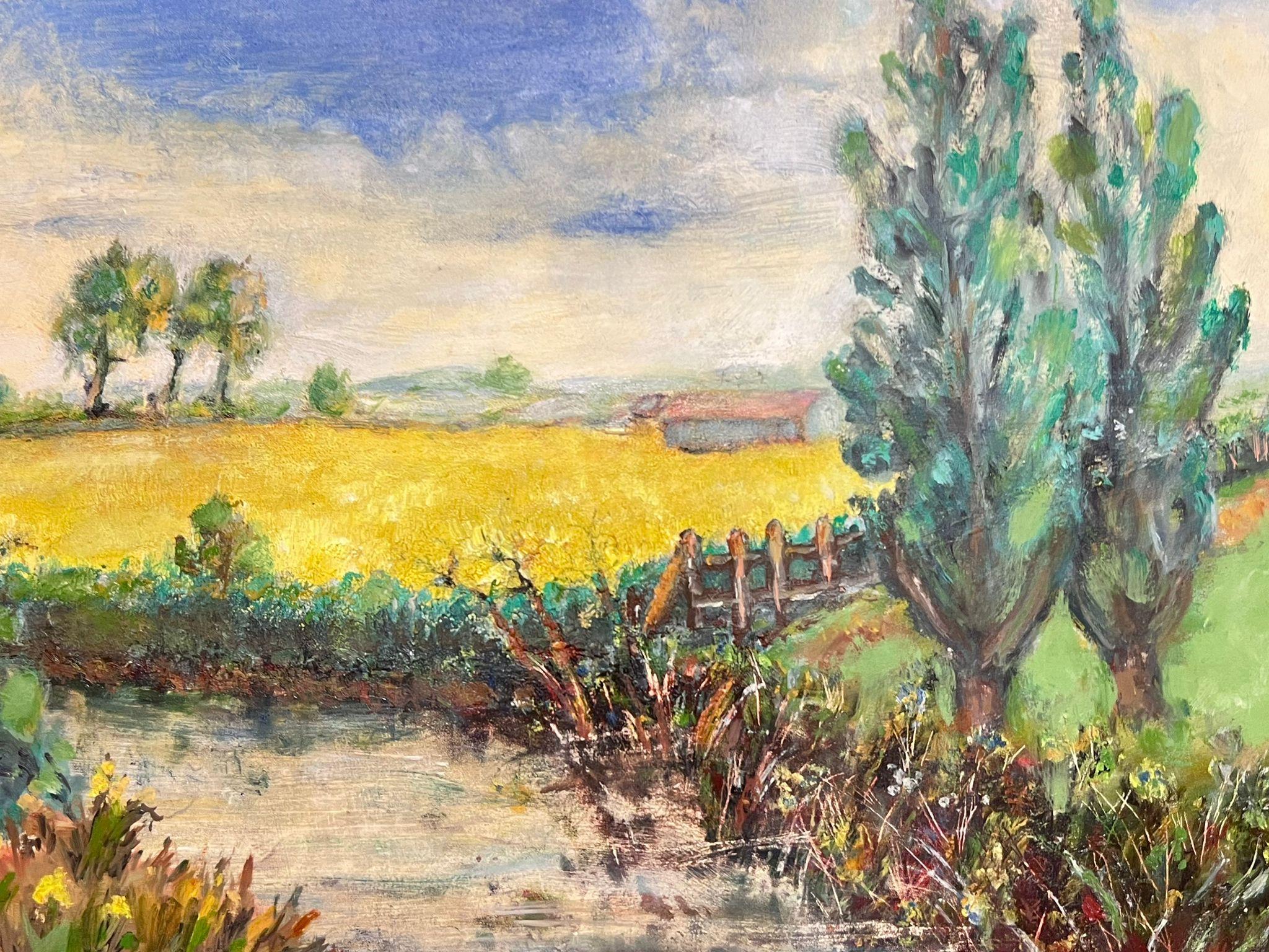 Vibrant Mid-Century Pastoral Landscape with Yellow Fields, Trees and River For Sale 2