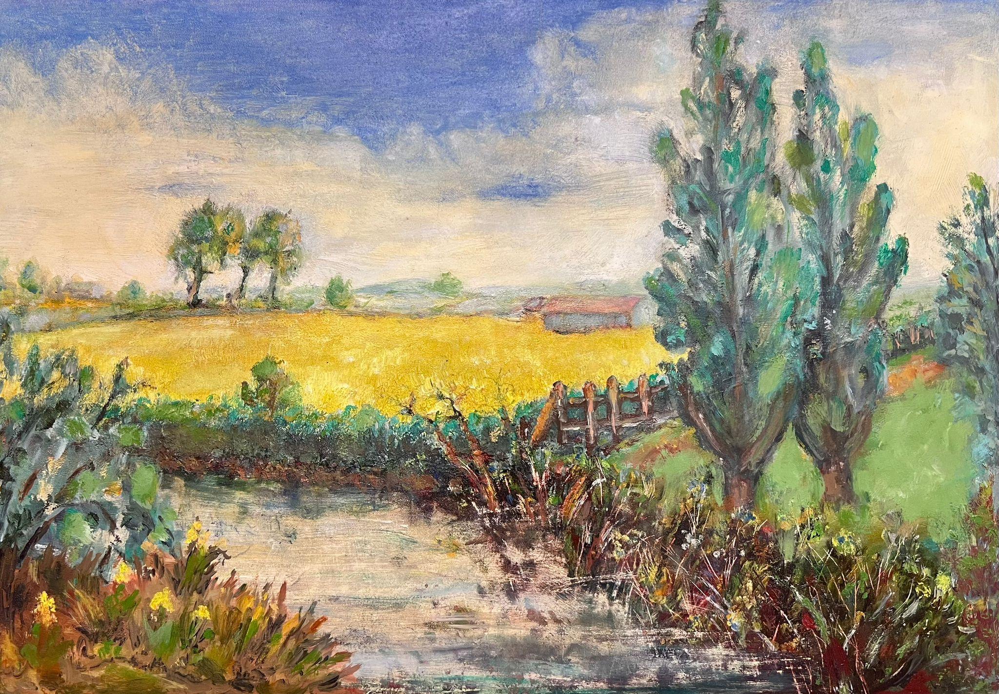 Helen Greenfield Landscape Painting - Vibrant Mid-Century Pastoral Landscape with Yellow Fields, Trees and River