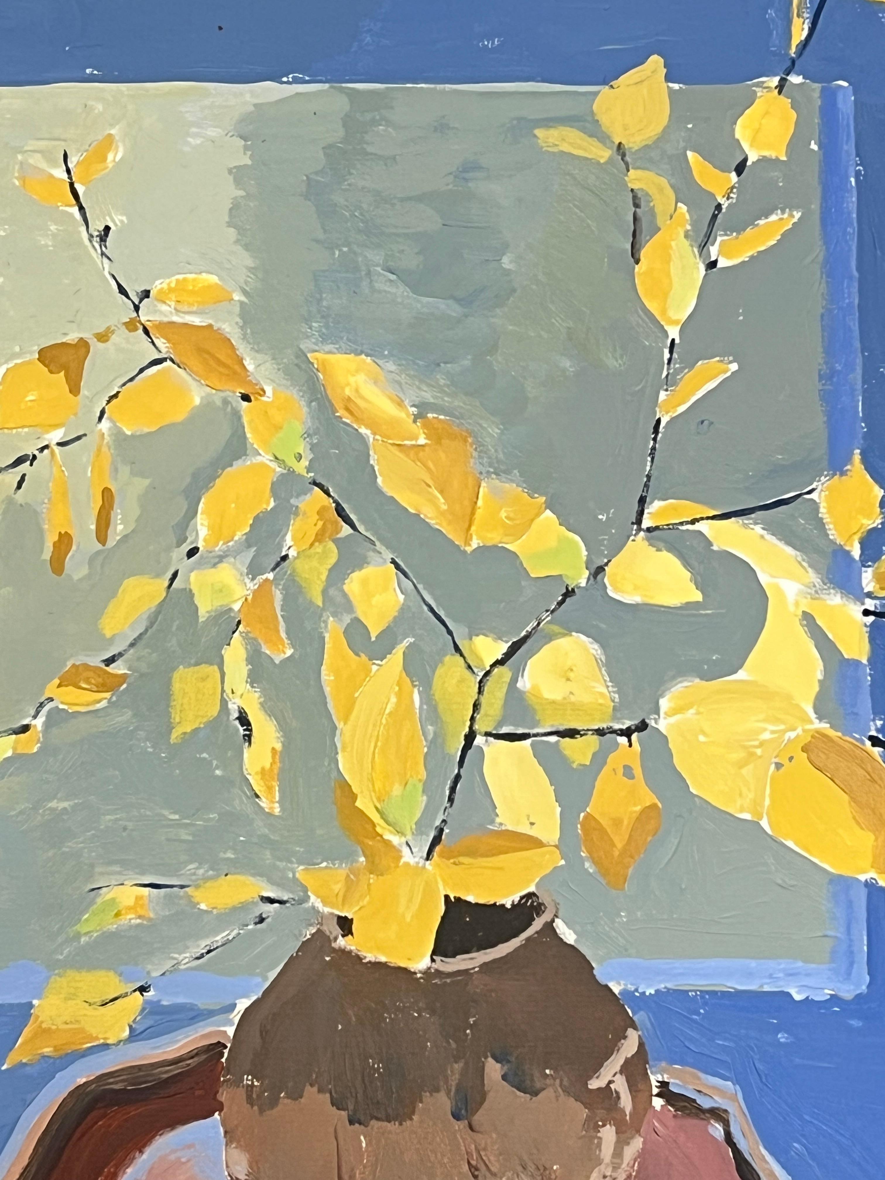 Foglie gialle in vaso di terra Natura morta contemporanea britannica modernista Olio - Painting Impressionismo di Helen Greenfield