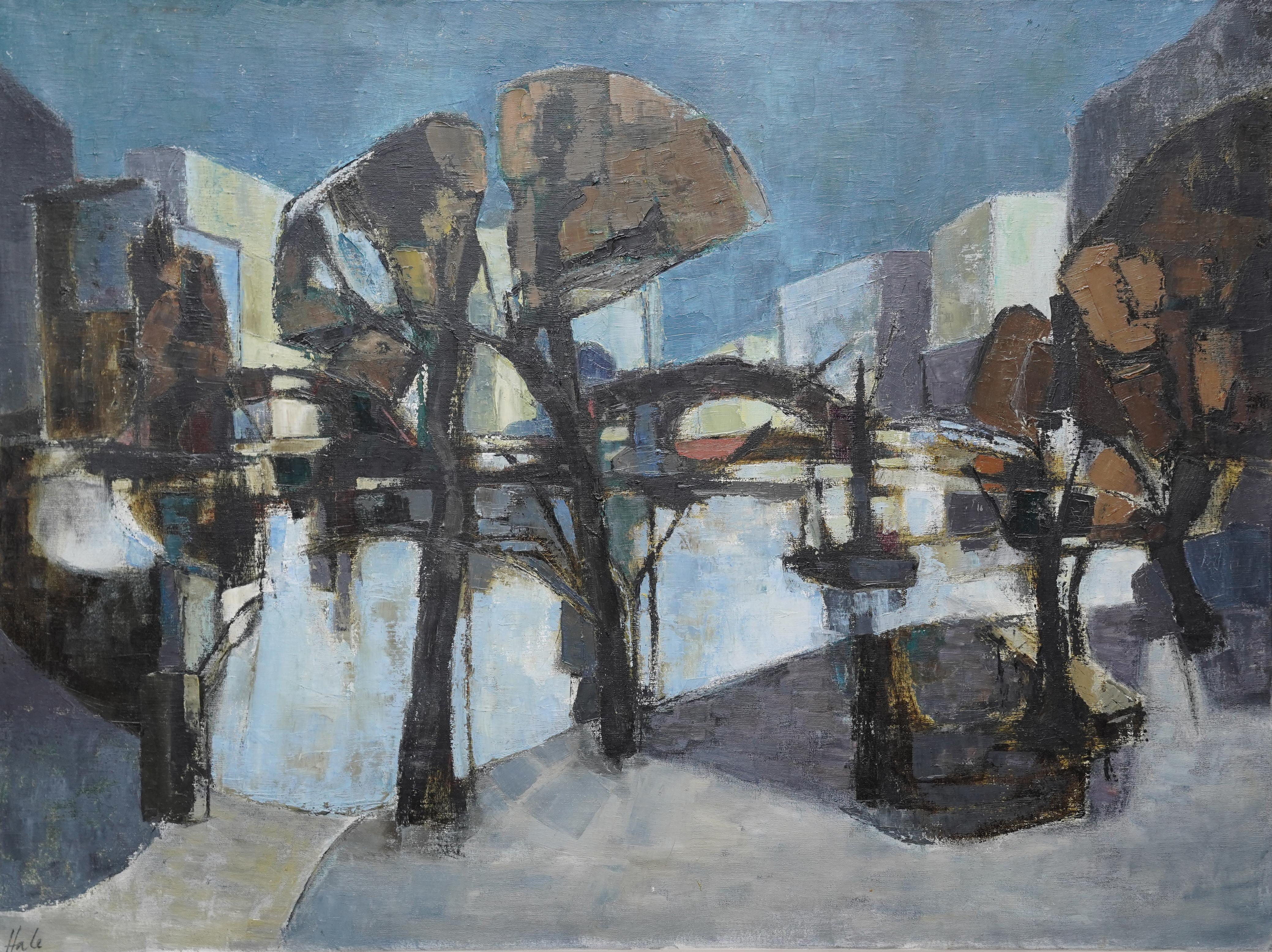 Waterfront - British 1960's art Abstract Expressionist exhibited oil painting For Sale 6