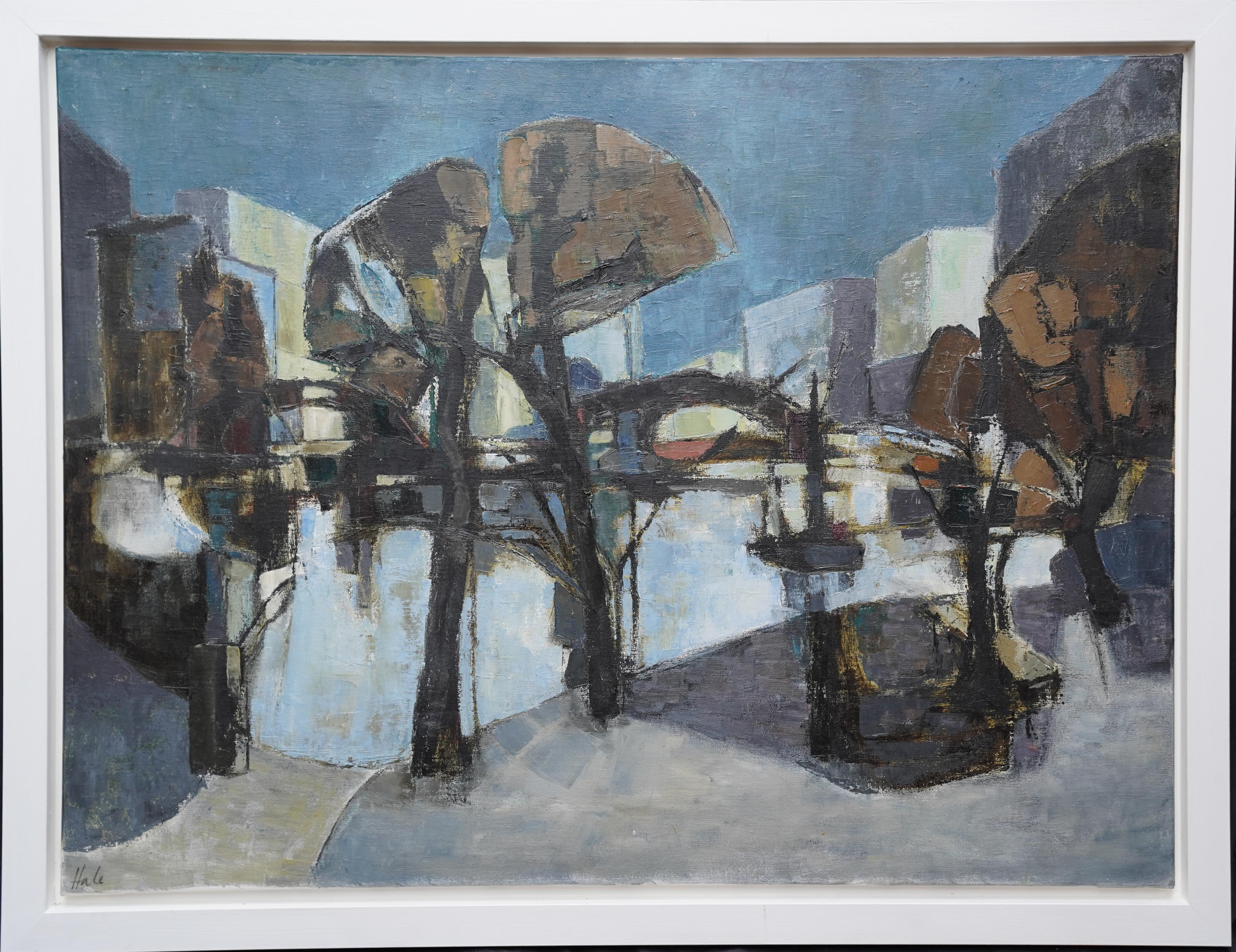 Waterfront - British 1960's art Abstract Expressionist exhibited oil painting For Sale 8