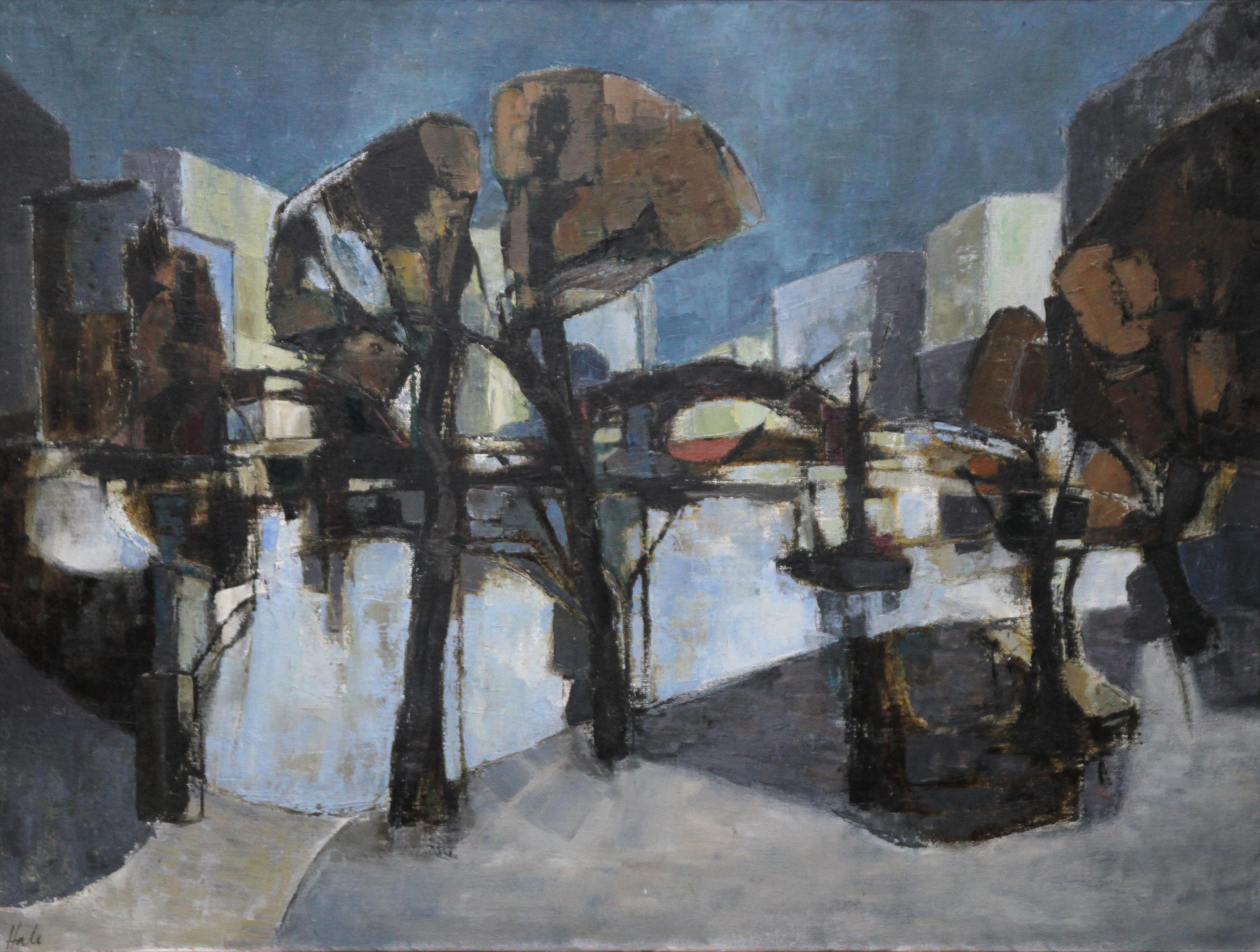 Waterfront - British 1960's art Abstract Expressionist exhibited oil painting - Painting by Helen Hale