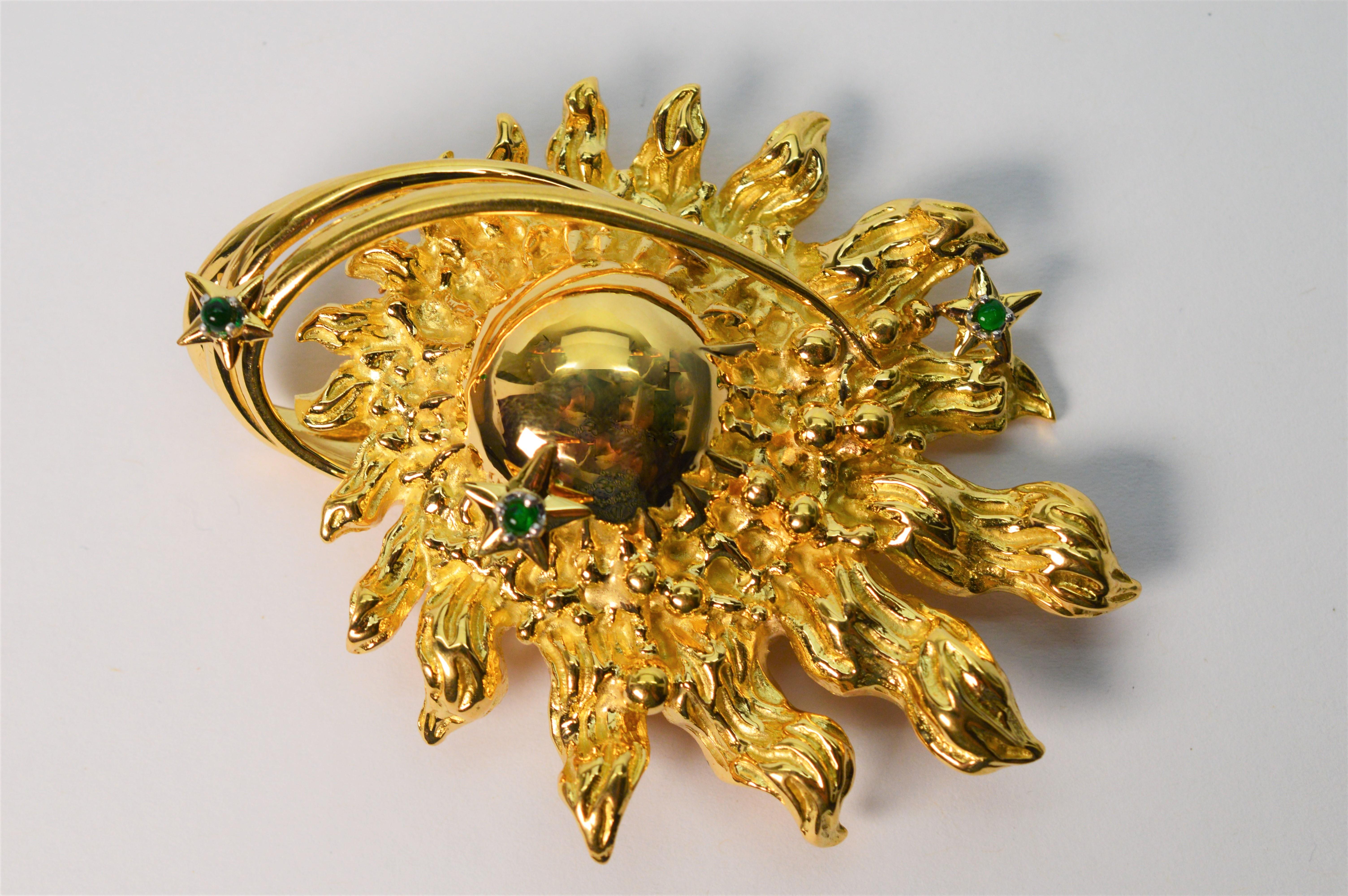 Custom made for Tiffany, this celestial design brooch commissioned by the National Women's Hall of Fame in eighteen karat yellow gold was known to be for private presentation in 1973 honoring film and stage actress Helen Hayes (1900-1993). With this