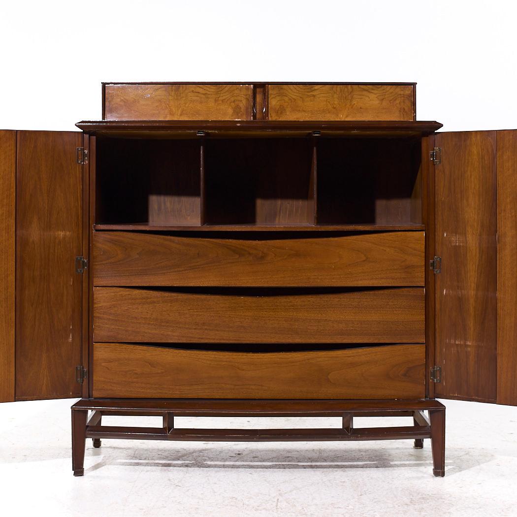 Late 20th Century Helen Hobey Baker Mid Century Walnut and Burlwood Highboy Dresser For Sale