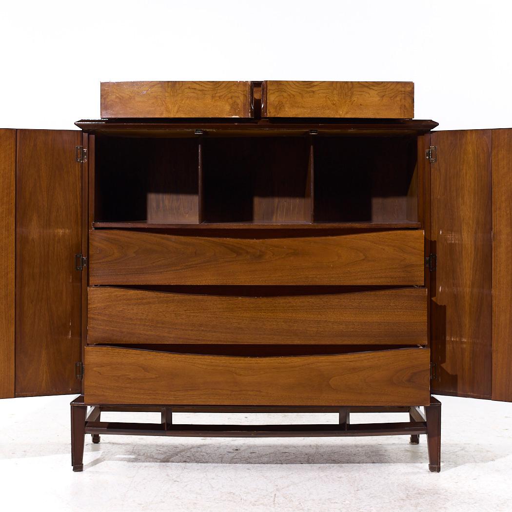 Helen Hobey Baker Mid Century Walnut and Burlwood Highboy Dresser For Sale 1