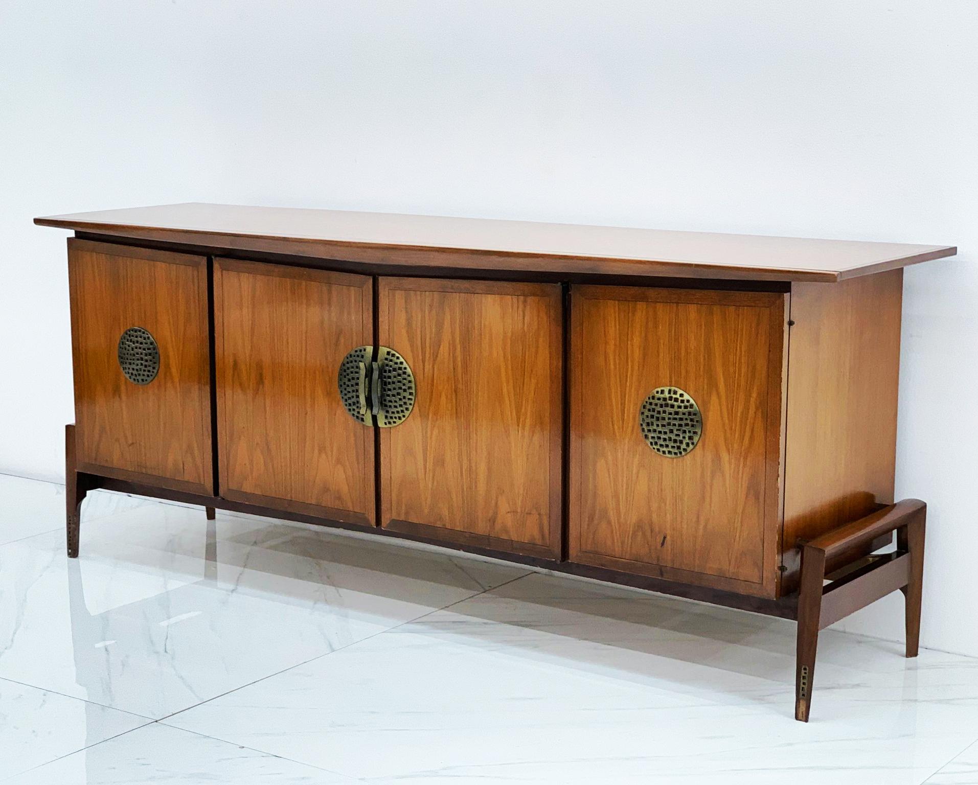 Helen & Hobey Baker Credenza, Walnut and Brass, 1950's In Good Condition In Culver City, CA
