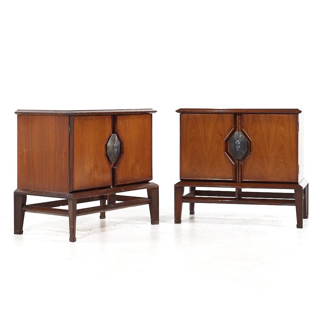 Helen Hobey for Baker Mid Century Walnut Nightstands - Pair

Each nightstand measures: 28 wide x 16.5 deep x 25.5 inches high

All pieces of furniture can be had in what we call restored vintage condition. That means the piece is restored upon
