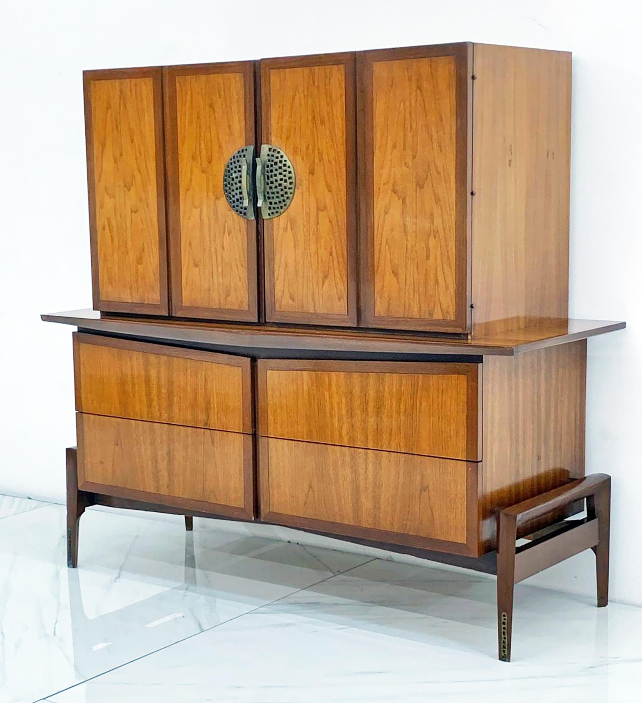 Helen & Hobey Baker Highboy Chest, Walnut and Brass, 1950's In Good Condition For Sale In Culver City, CA