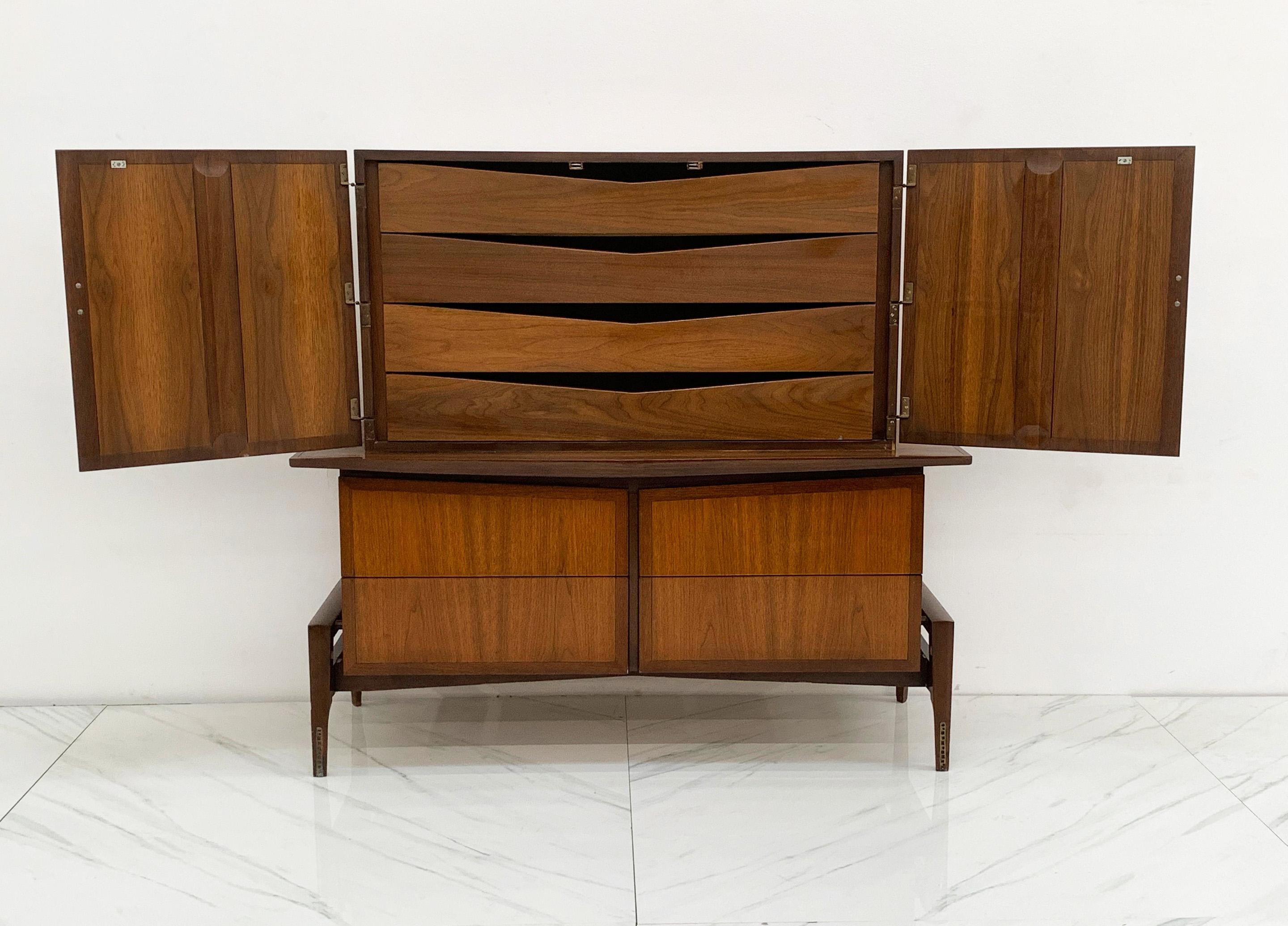 Mid-20th Century Helen & Hobey Baker Highboy Chest, Walnut and Brass, 1950's For Sale
