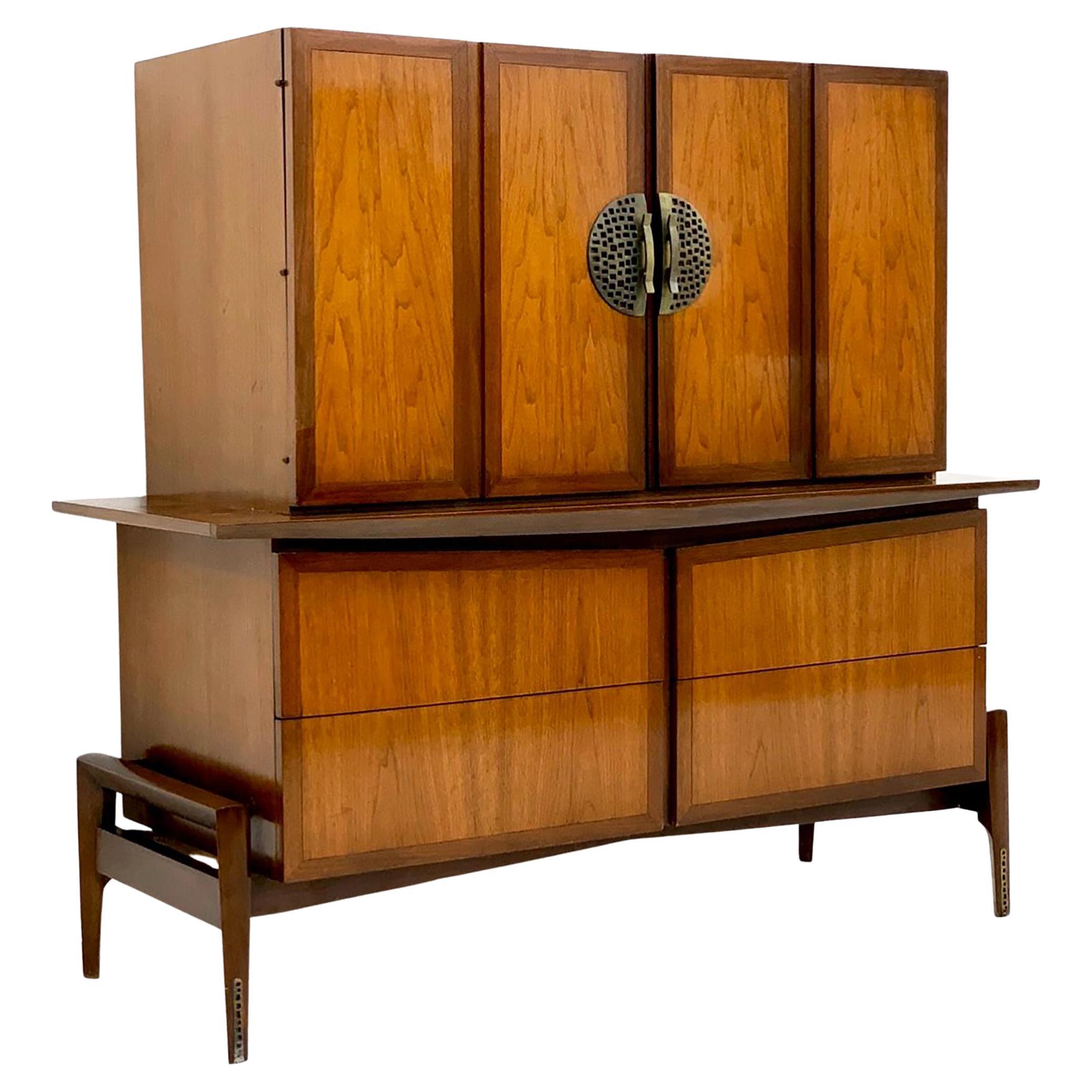 Helen & Hobey Baker Highboy Chest, Walnut and Brass, 1950's For Sale