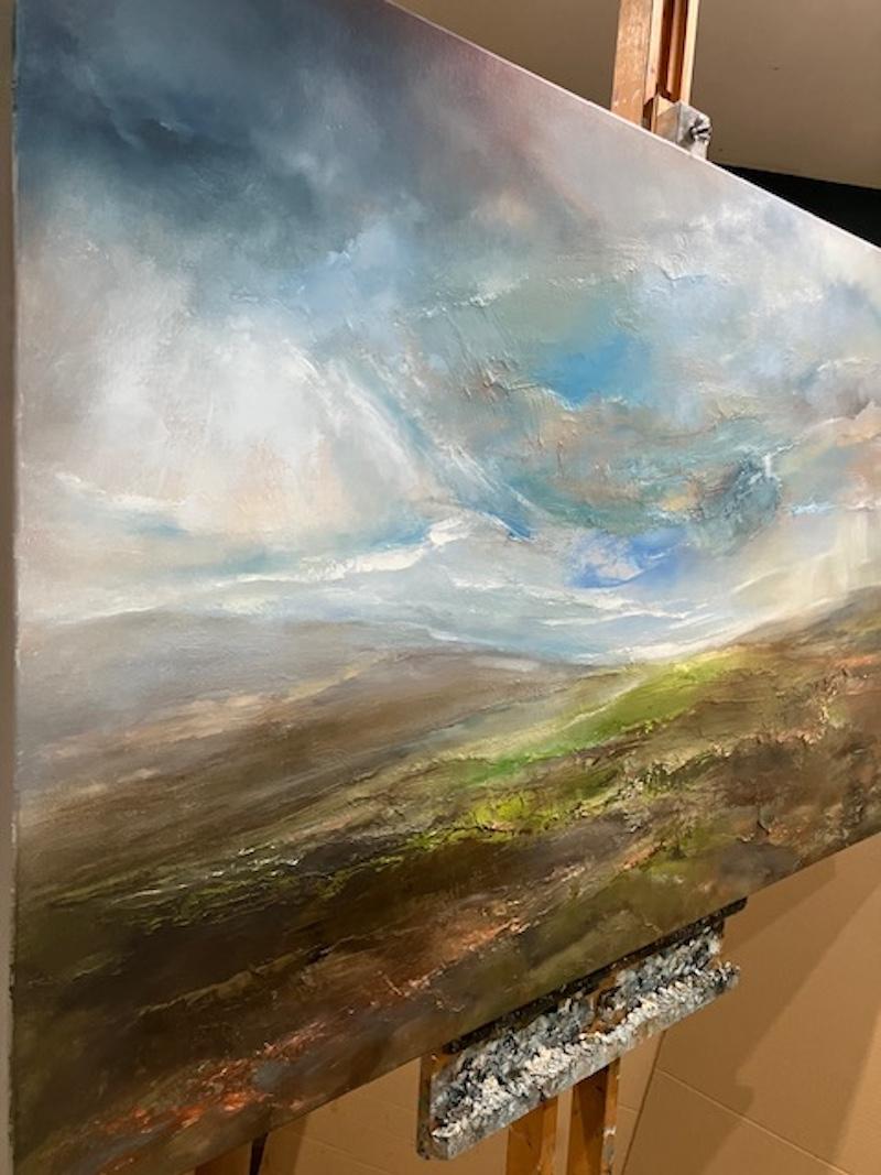 Blue sky over the mountains is a semi abstract landscape painting by Helen Howells. It was inspired by the hills, valleys and mountains of South Wales, which is my homeland. It is not of any specific place, but is a combination of many walks and