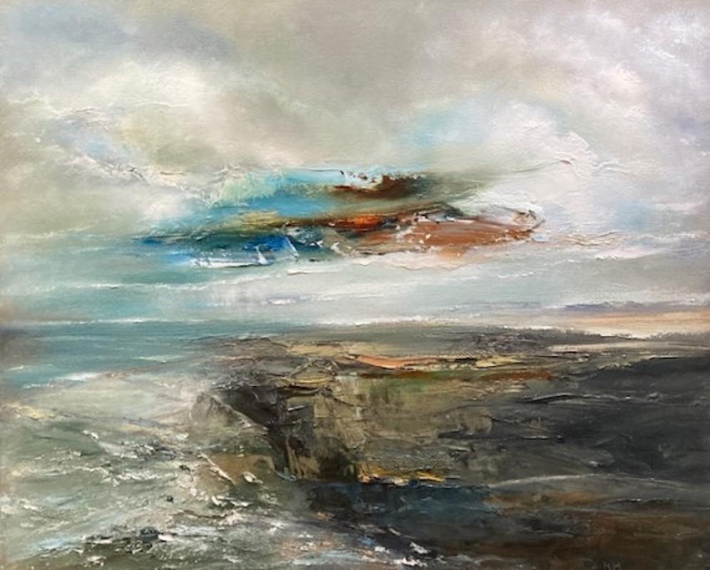 Helen Howells Abstract Painting - Breaking Cloud Over Cliffs, Original painting, Welsh coast, Seascape