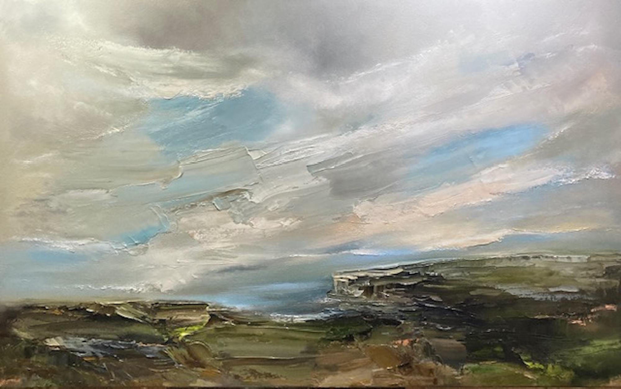 Landscape Painting di Helen Howells - Passeggiata in cima alla scogliera, dipinto impressionista di paesaggio marino, paesaggio di Moody South Wales and Wales