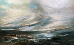 Cloud Gathering Across the Sea, Textured Abstract Seascape Painting, Welsh Art