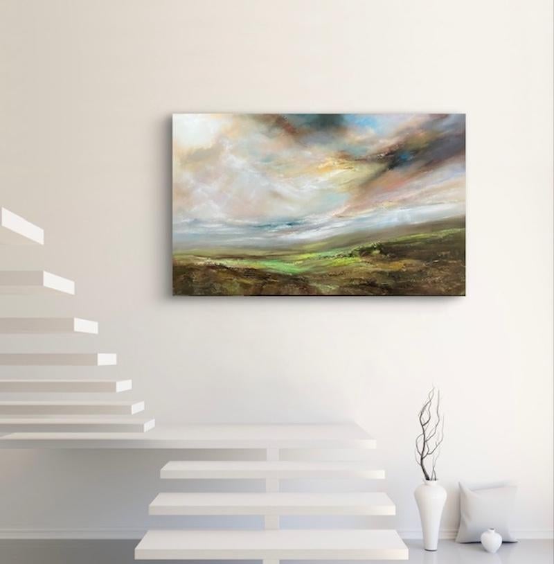 Elevation is a semi-abstract landscape painting by Helen Howells. It was inspired by the hills, valleys and mountains of South Wales, which is my homeland. It is not of any specific place, but is a combination of many walks and memories, that have