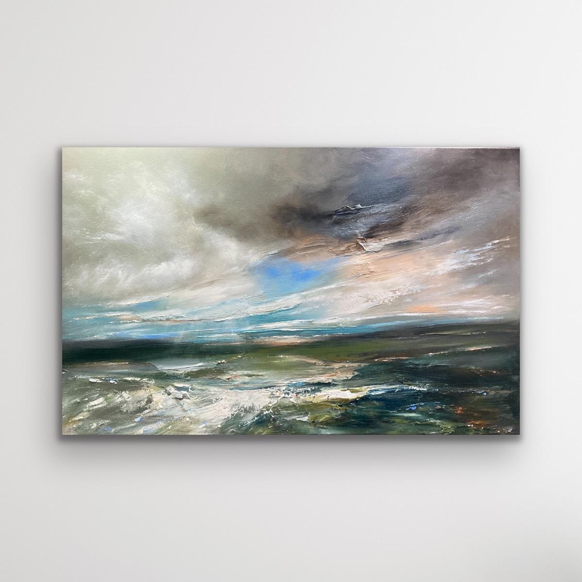 “Estuary View” is an original seascape painting by Helen Howells. It was inspired by the emotional responses and memories of walks, taken along the Welsh coastline. It is not of any specific place, but is a combination of many, that have calmed my
