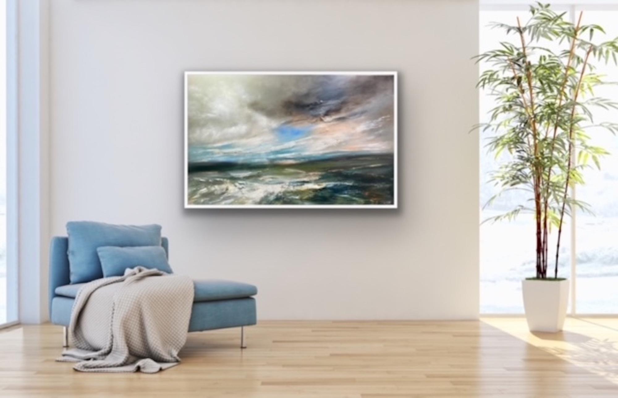 Vista del estuario, Pintura con textura de paisaje marino, Arte contemporáneo semiabstracto en venta 4