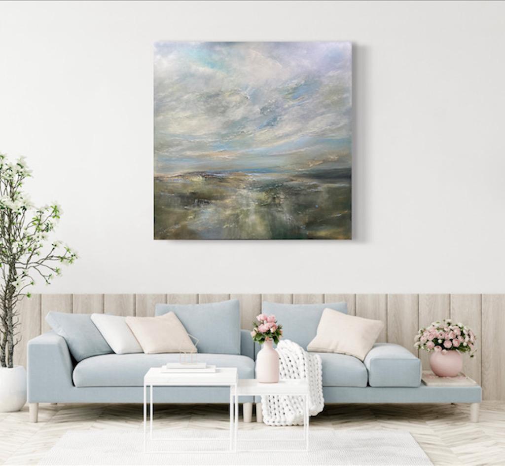 Costa etérea, Pintura original, Paisaje marino semiabstracto, Arte oceánico, Azul - Painting de Helen Howells