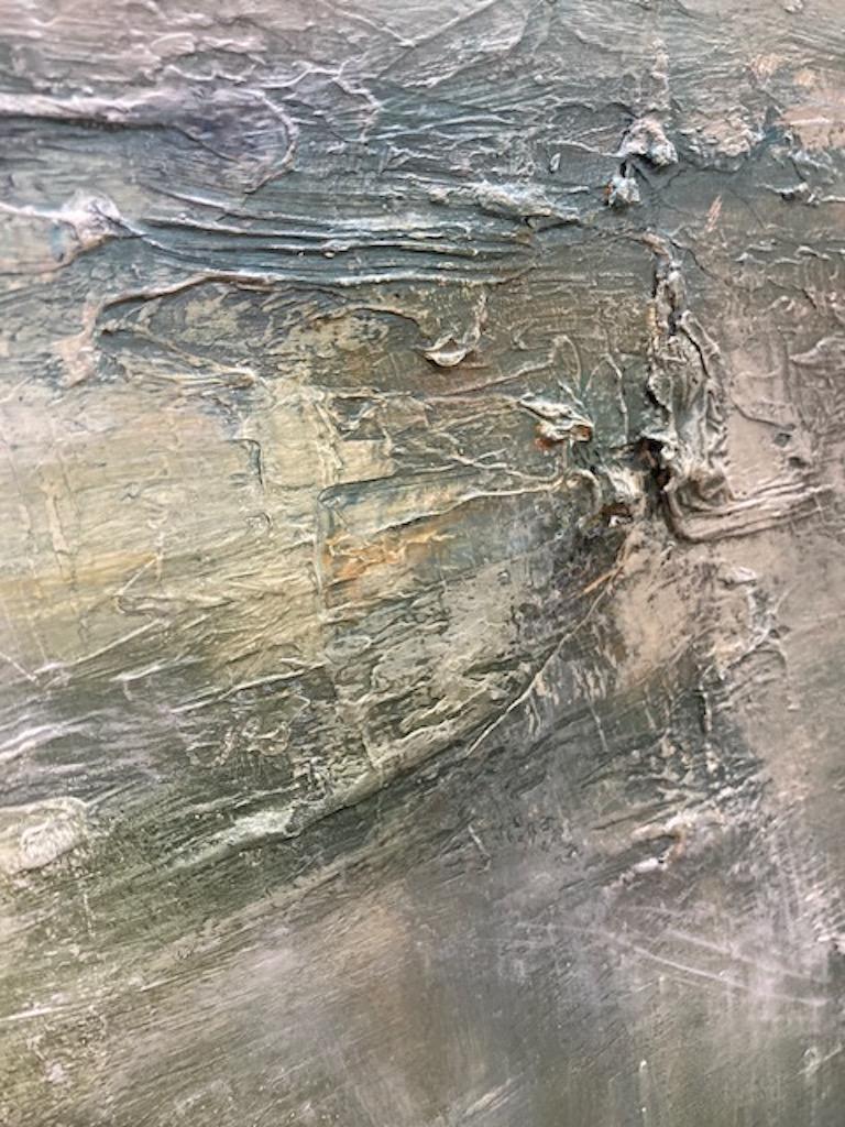 Costa etérea, Pintura original, Paisaje marino semiabstracto, Arte oceánico, Azul - Abstract Painting Gris de Helen Howells