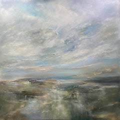 Costa eterea, Quadro originale, Paesaggio marino semi-astratto, Arte dell'oceano, Blu