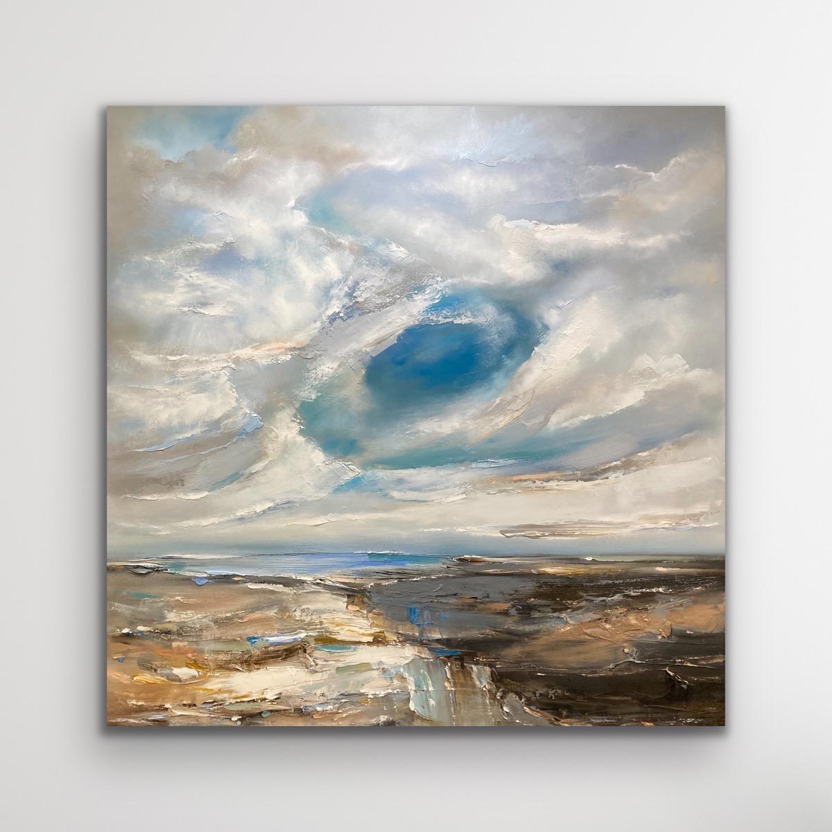 Fallstreak-Wolken, Original-Landschaftsgemälde, blau und grün, zeitgenössische Kunst (Zeitgenössisch), Painting, von Helen Howells