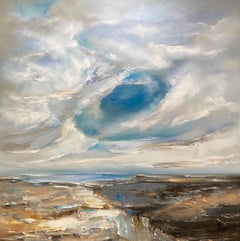 Fallstreak Clouds, Original Landscape Painting, Blue and Green Contemporary Art