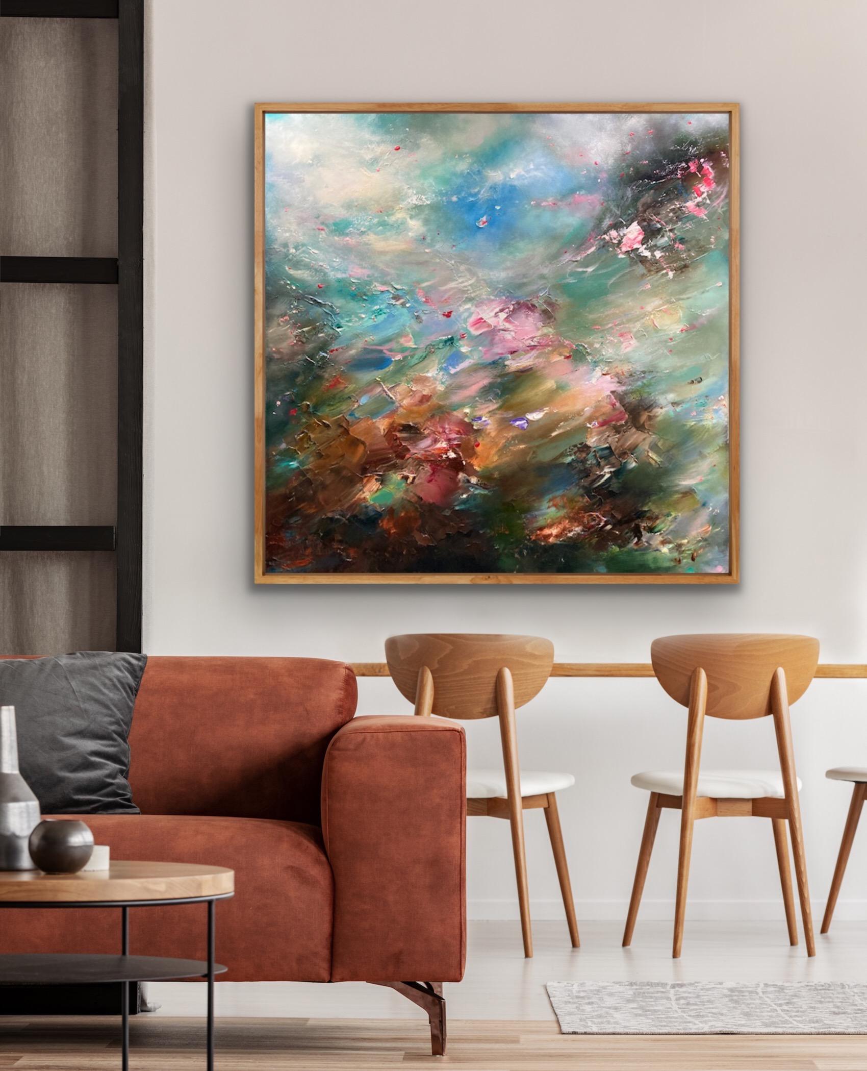 Escapada floral, Gales del Sur, Pintura original, Paisaje semiabstracto, Arte tranquilo en venta 3