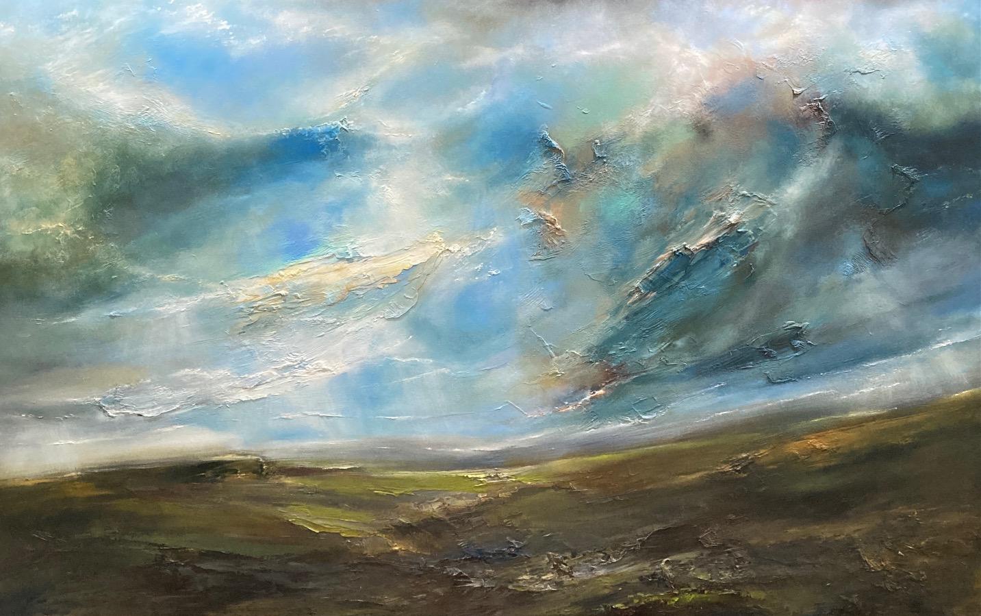 Viaje a la montaña, Pintura original, Paisaje marino semiabstracto, Arte oceánico, Azul - Painting Abstracto de Helen Howells