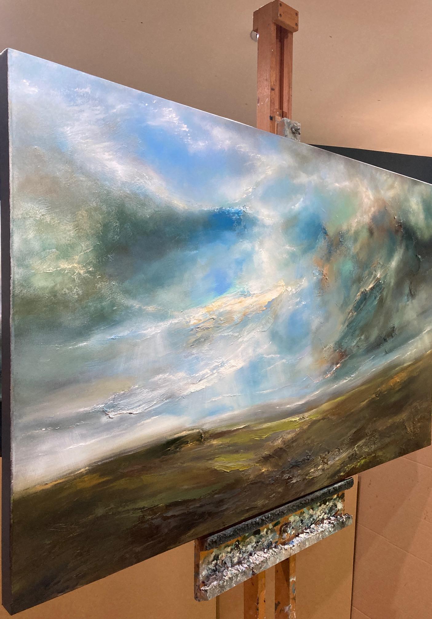 Viaje a la montaña, Pintura original, Paisaje marino semiabstracto, Arte oceánico, Azul en venta 2