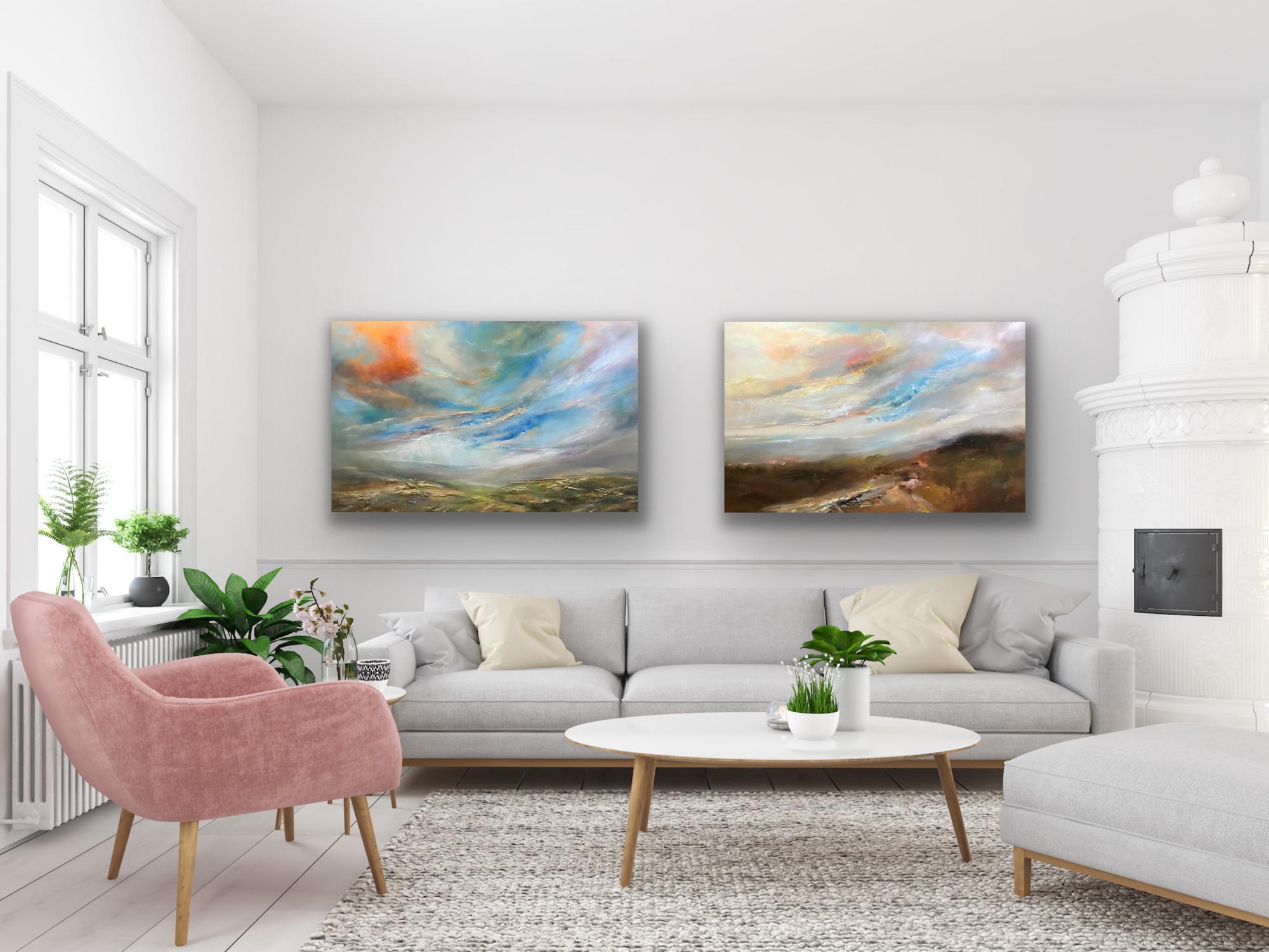 Mountain Stream & Mountain Majesty, diptych, original painting, landscape - Painting by Helen Howells