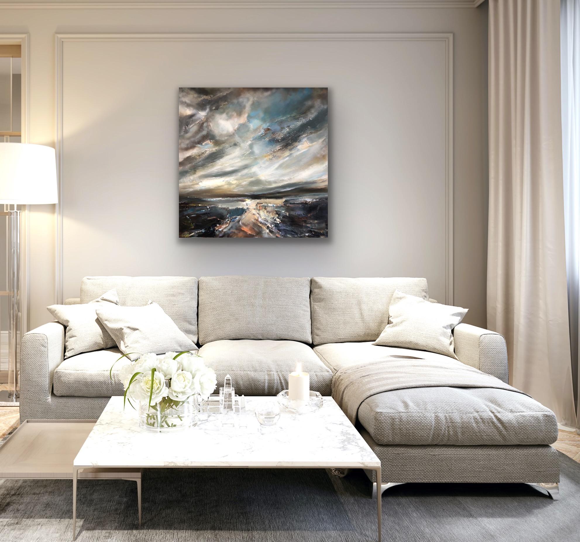 Remembering, Original Seascape Painting, Contemporary Art - Gray Abstract Painting by Helen Howells
