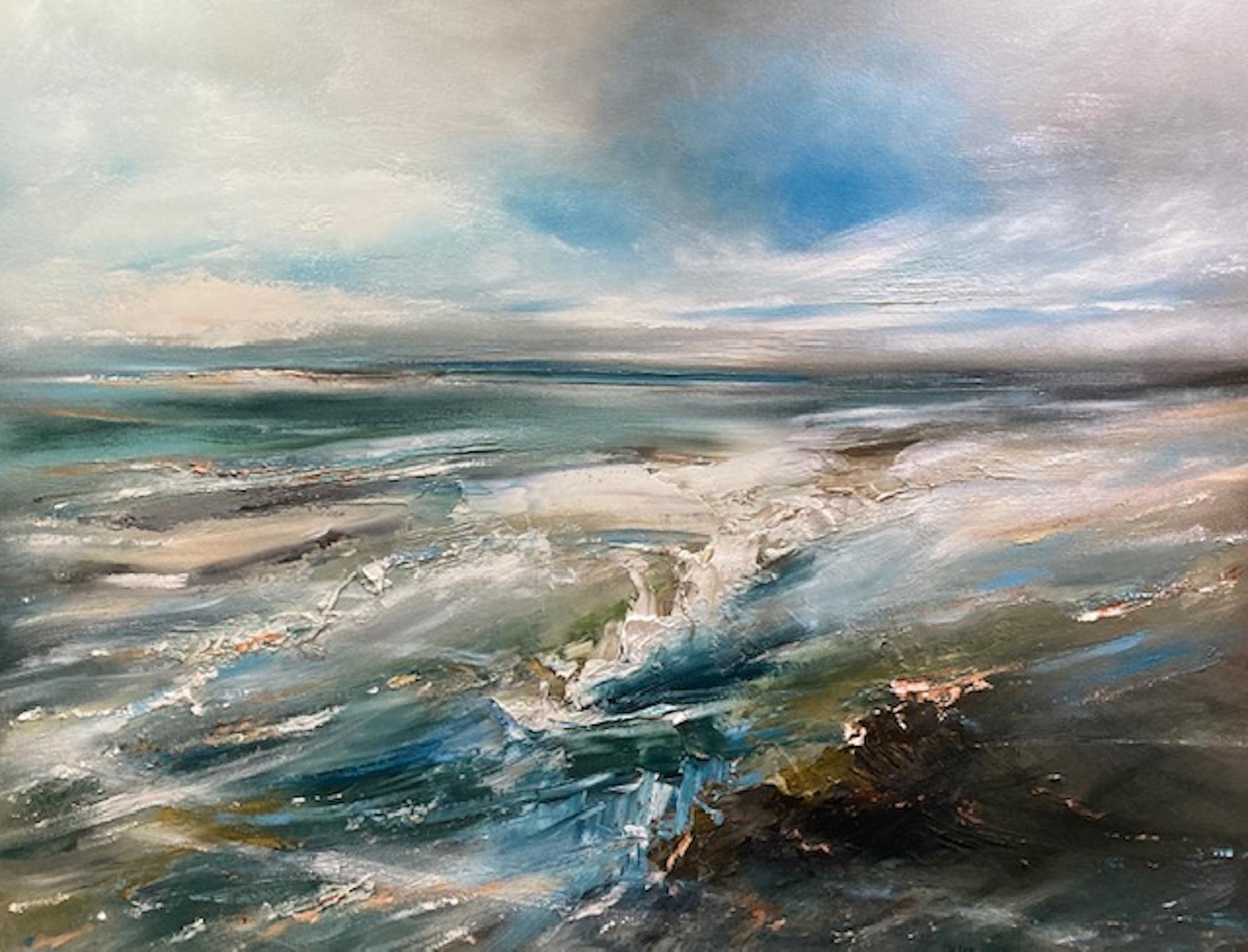 Spilling Waves, Original Painting, Textured Seascape, Welsh Coastal Art