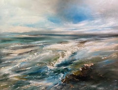 Spilling Waves, Original Painting, Textured Seascape, Welsh Coastal Art