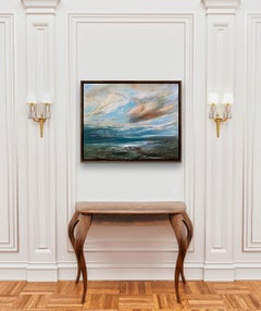 Sunset Over Green Sea, Seascape Painting, Impressionist Coastal Landscape