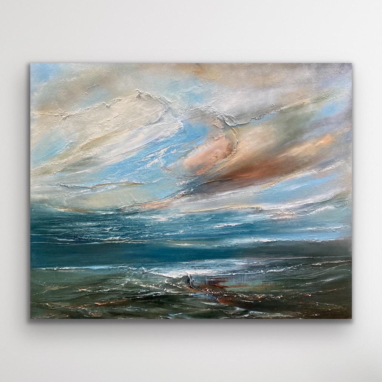 Sunset Over Green Sea, Seascape Painting, Impressionist Coastal Landscape For Sale 1