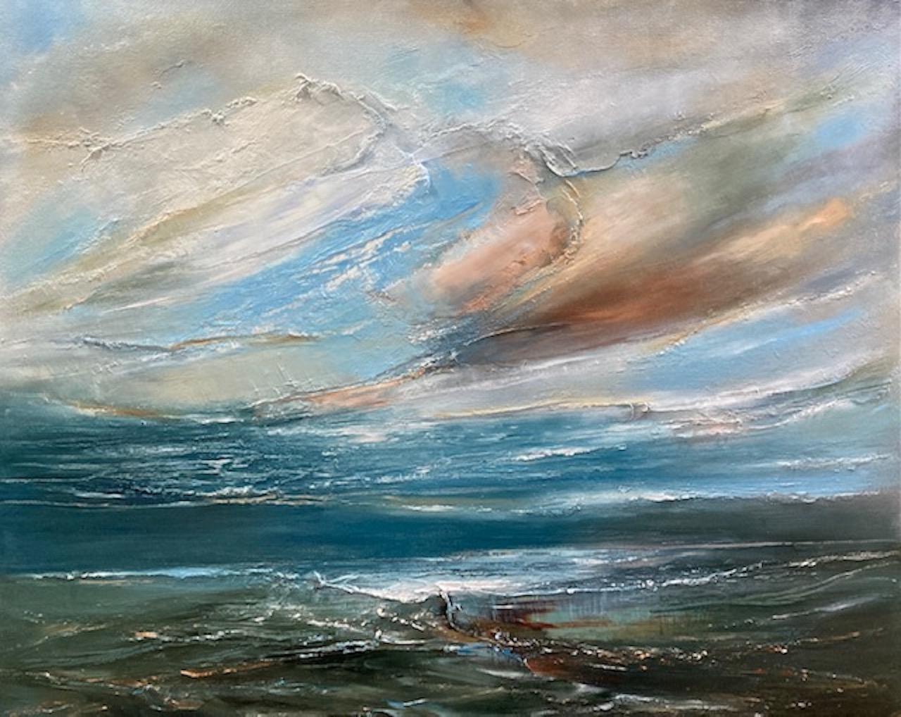Landscape Painting Helen Howells - Coucher de soleil sur la mer verte, peinture de paysage marin, paysage côtier impressionniste