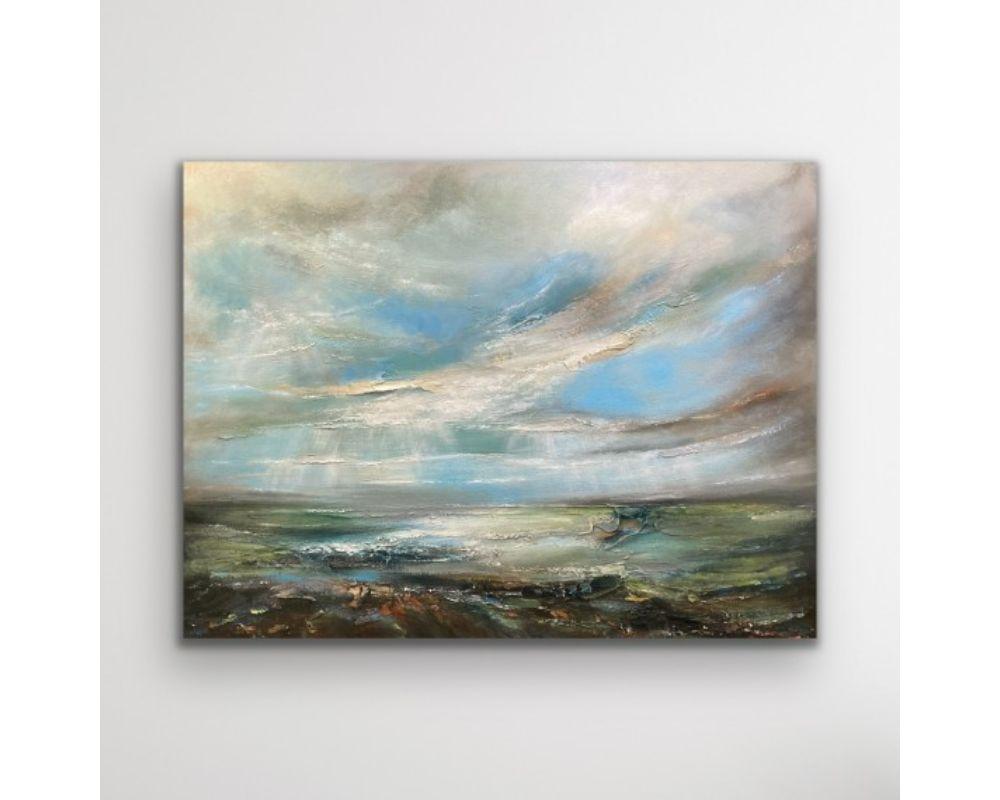 “Tidal Retreat” is an original seascape painting by Helen Howells. It was inspired by the emotional responses and memories of walks, taken along the Welsh coastline. It is not of any specific place, but is a combination of many, that have calmed my