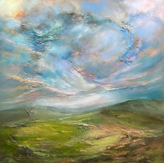 Escrito en las nubes, pintura original, paisaje, pintura al óleo, contemporáneo