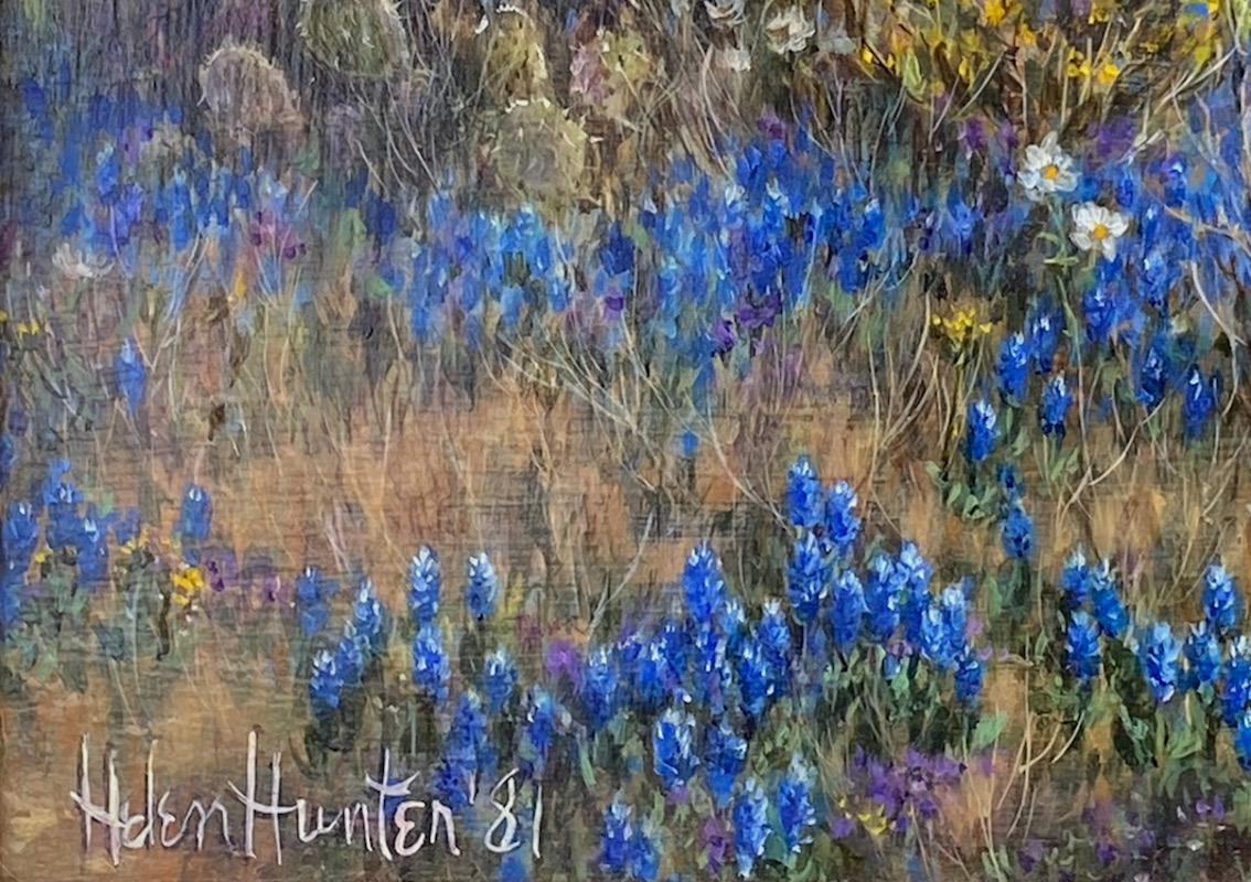 « Bluebonnet and Cactus » Helen Hunter (1920-2003) Paysage texan Wildflowers en vente 1
